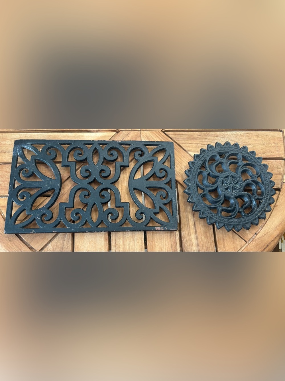 Cast Iron Trivet SET 6 Pointed Star In Center 6”& Filigree Scroll Rectangle 10”
